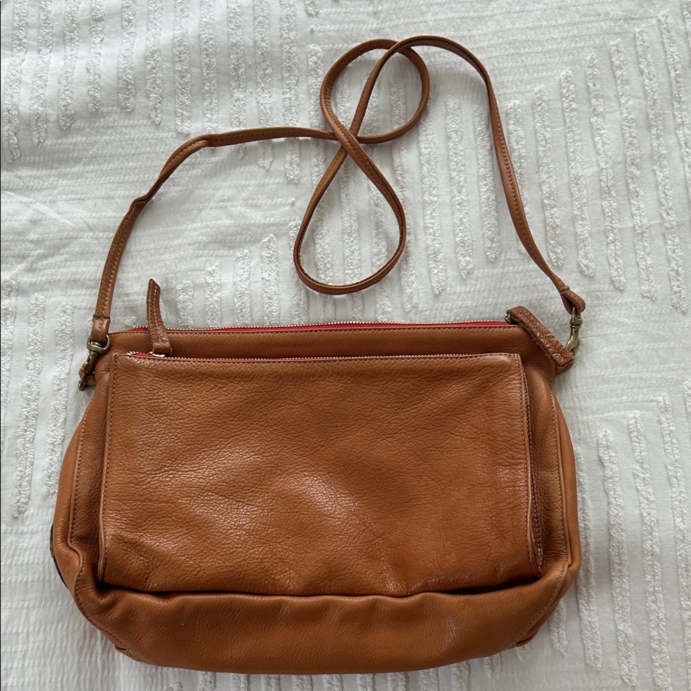 Clare V Tan Leather Crossbody Bag- Gorgeous!  Red zipper detail and blue lining.